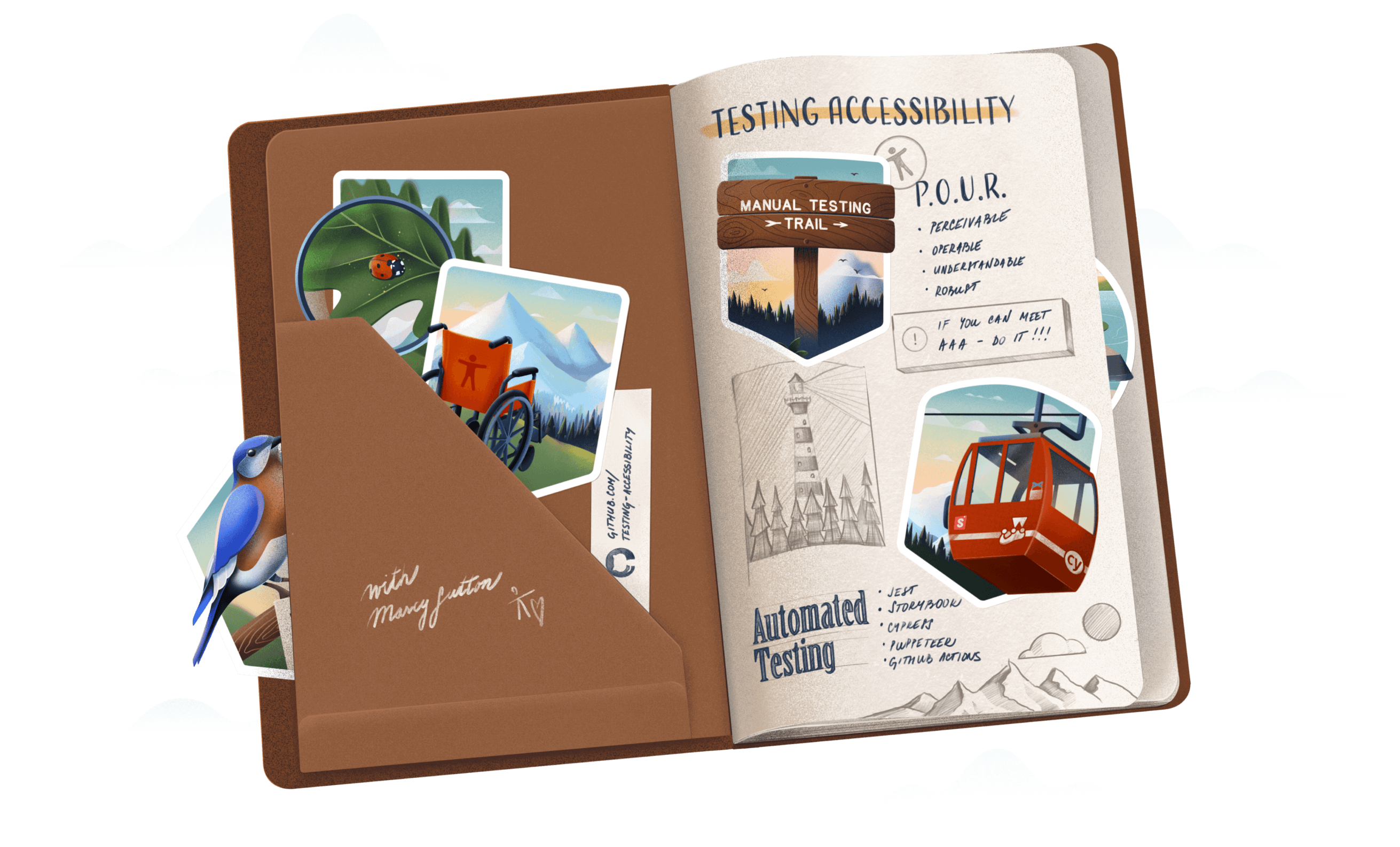 an opened travel journal with testing accessibility stickers